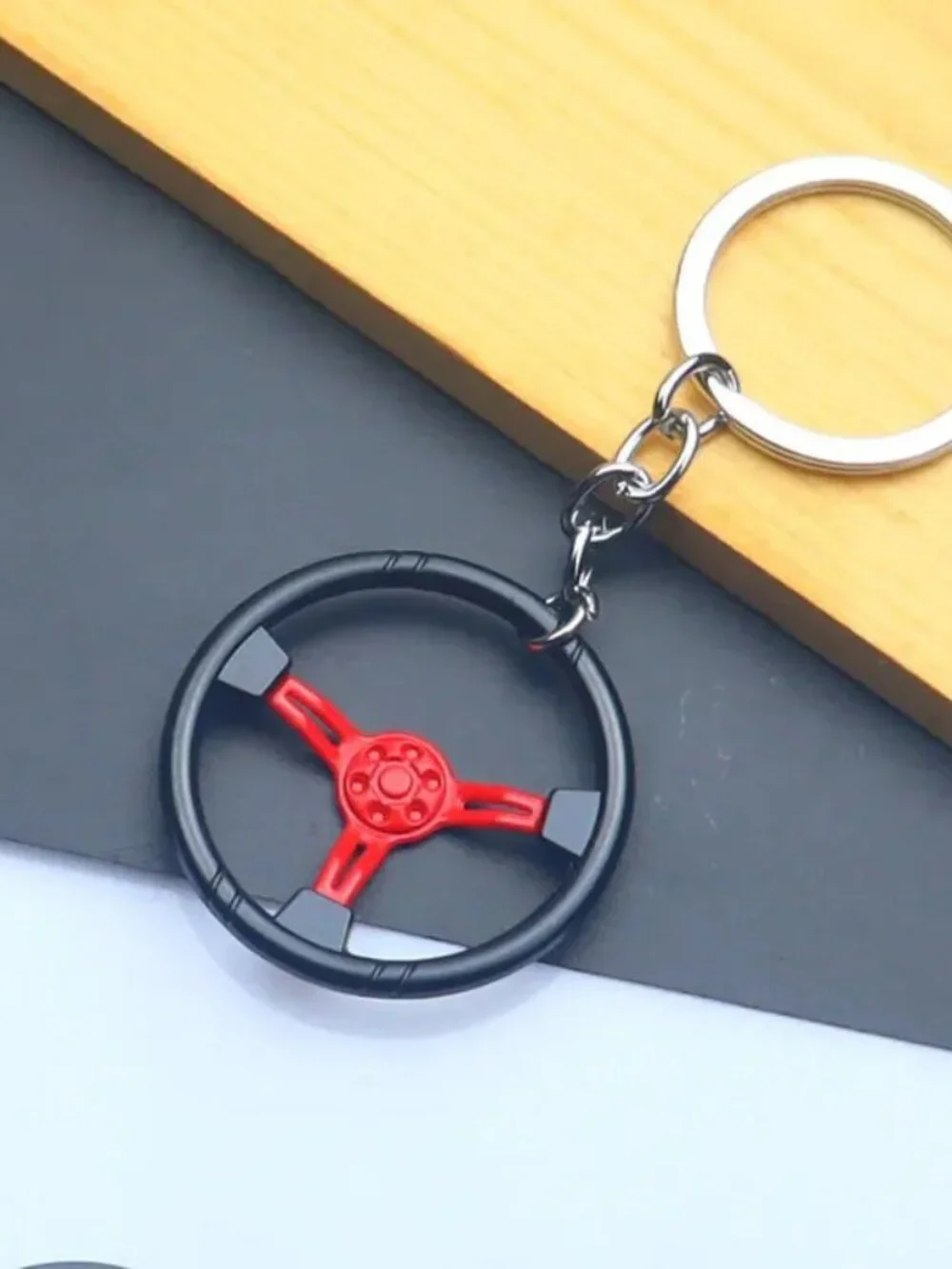 Red 3 Spoke Racing Steering Wheel Keychain Drift Car Key Ring Enthusiast Gift